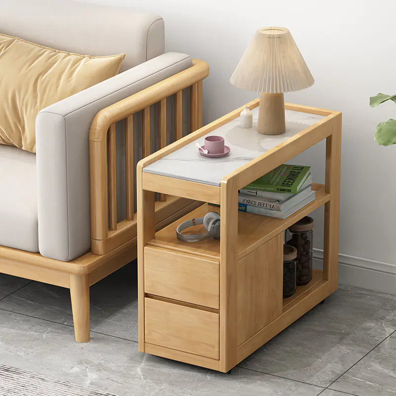 Solid Wood Sofa Side Table with Wheels