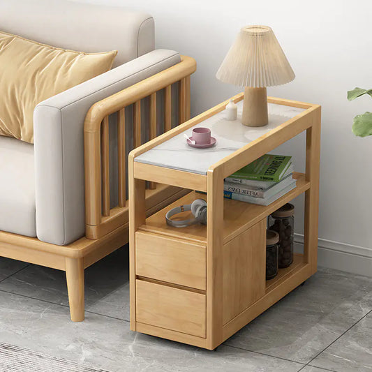 Solid Wood Sofa Side Table with Wheels