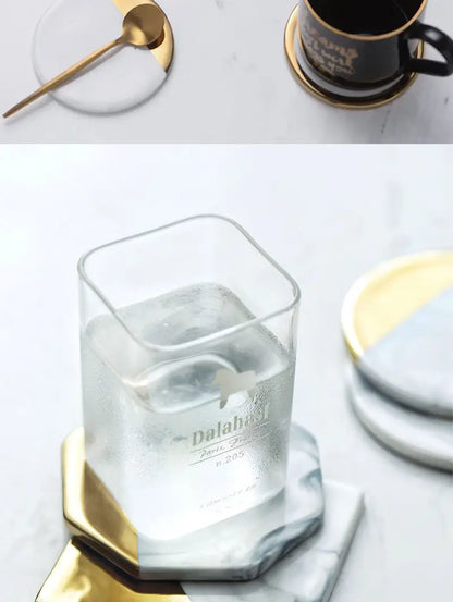 Marble Coaster Set with Geometric Gold Design