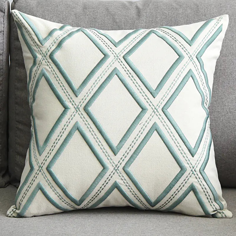 Embroidered Linen Cushion Cover with Geometric Design