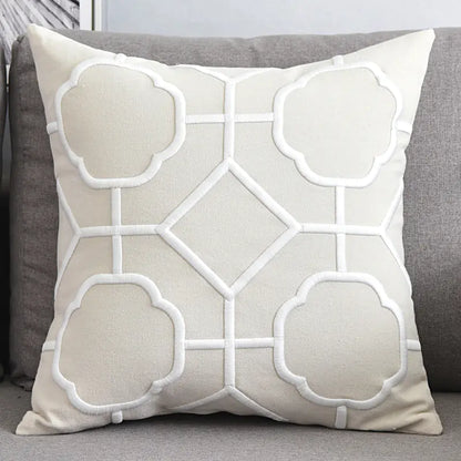 Embroidered Linen Cushion Cover with Geometric Design