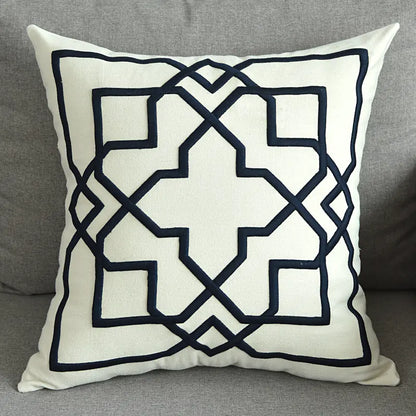 Embroidered Linen Cushion Cover with Geometric Design