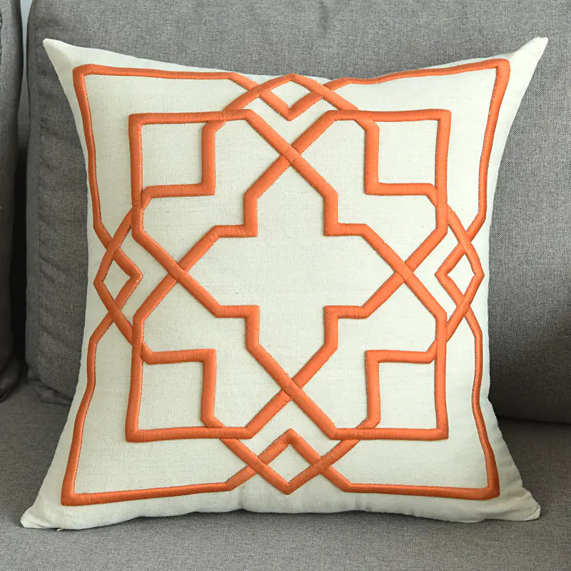 Embroidered Linen Cushion Cover with Geometric Design