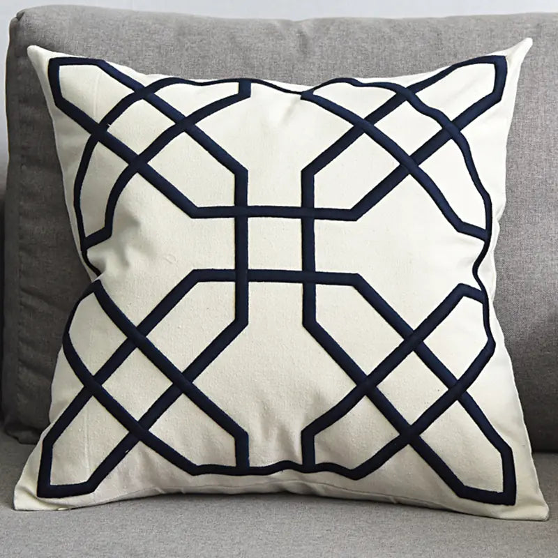 Embroidered Linen Cushion Cover with Geometric Design