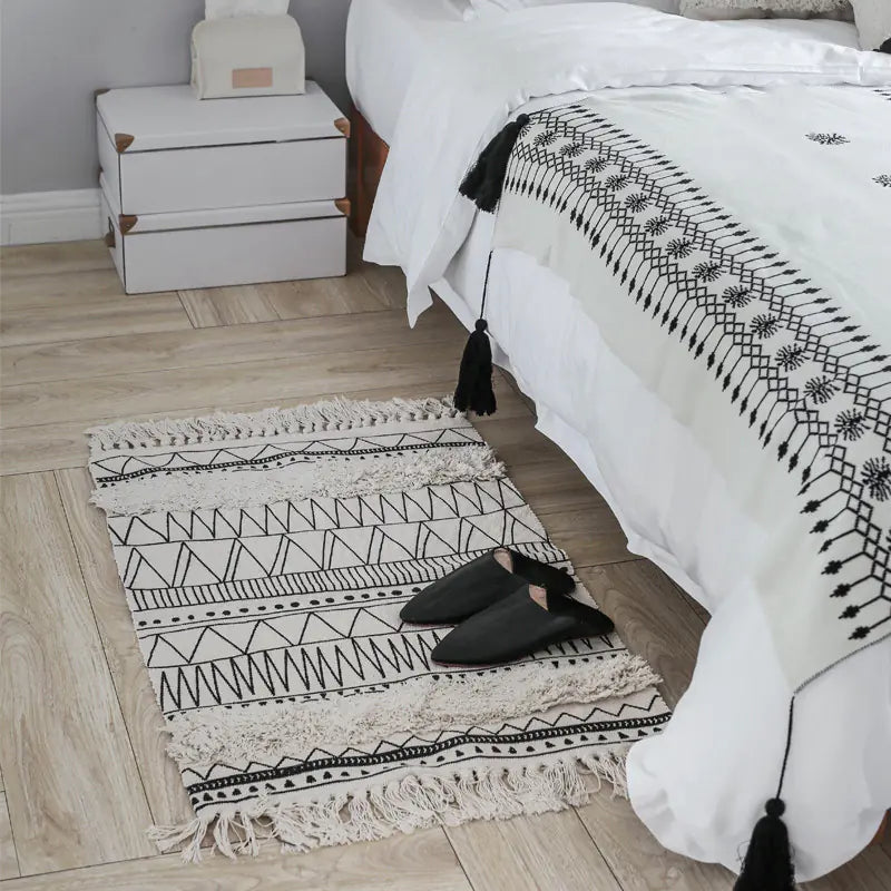 Moroccan Geometric Rug in Black and White with Fringe