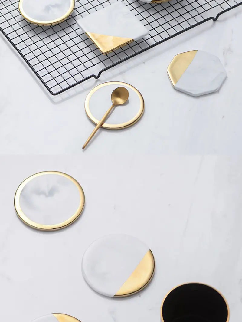 Marble Coaster Set with Geometric Gold Design