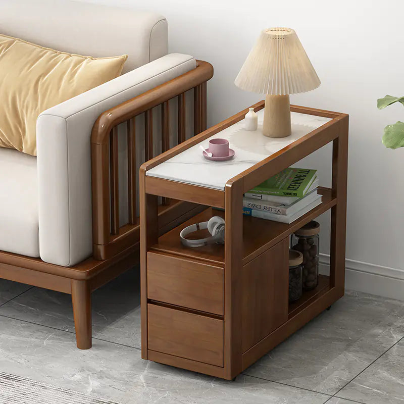 Solid Wood Sofa Side Table with Wheels