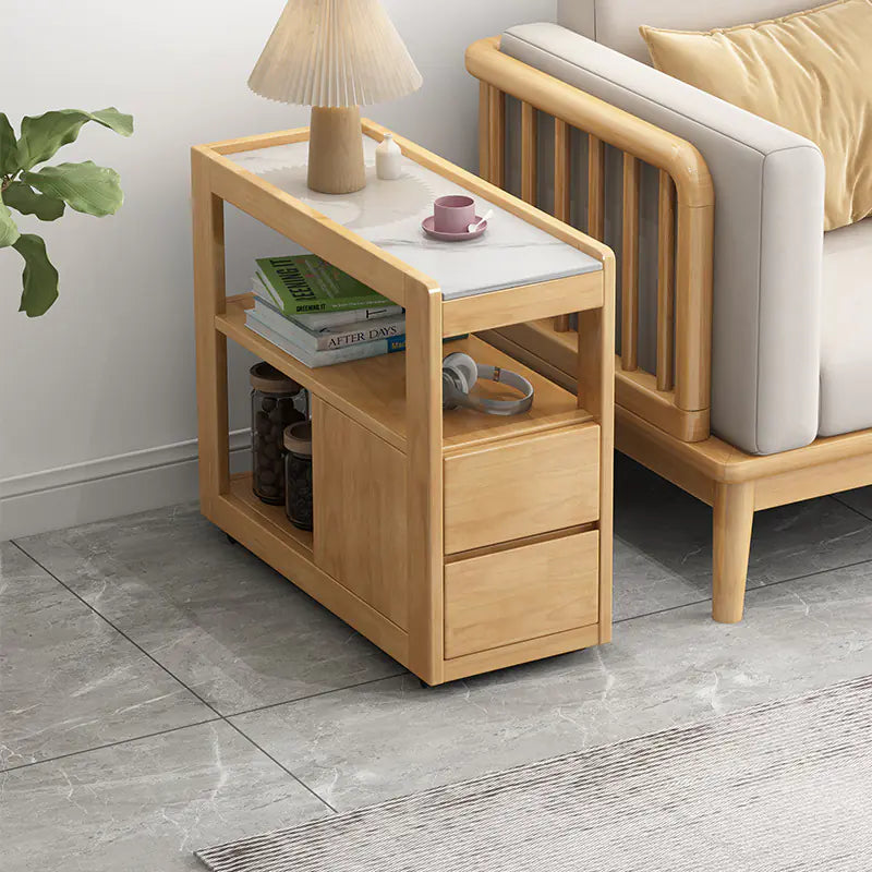 Solid Wood Sofa Side Table with Wheels