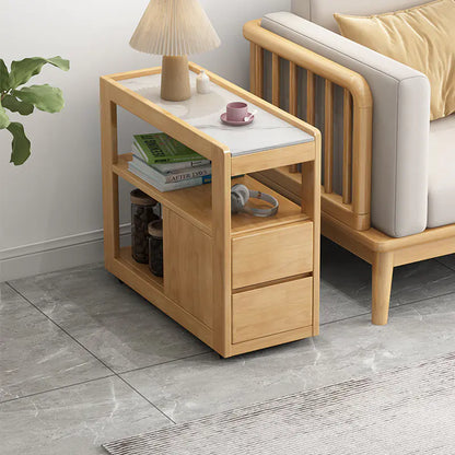 Solid Wood Sofa Side Table with Wheels