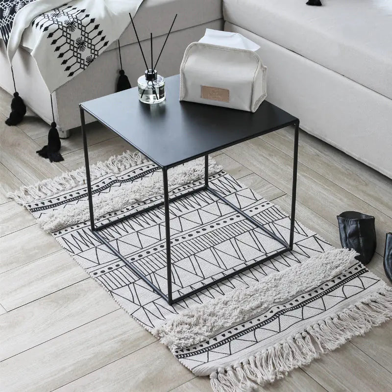 Moroccan Geometric Rug in Black and White with Fringe