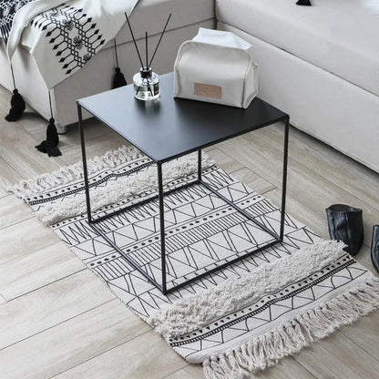 Moroccan Geometric Rug in Black and White with Fringe
