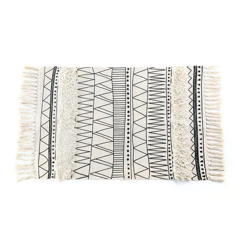 Moroccan Geometric Rug in Black and White with Fringe