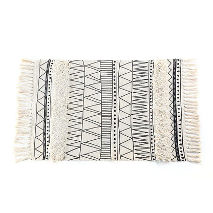 Moroccan Geometric Rug in Black and White with Fringe