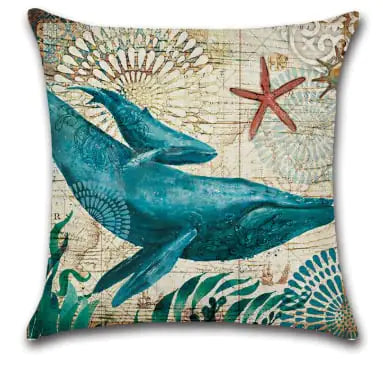 Blue Linen Pillowcase Sea Life Wind