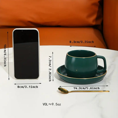 Tazas de Café de Cerámica con Borde Dorado y Bandeja