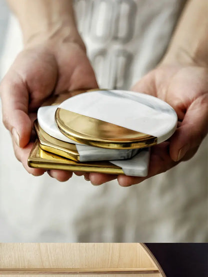 Marble Coaster Set with Geometric Gold Design