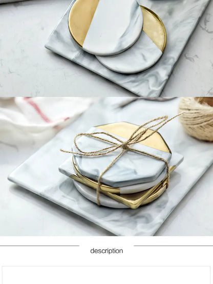Marble Coaster Set with Geometric Gold Design