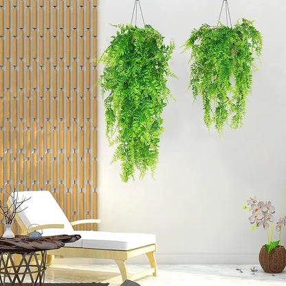 Artificial hanging Boston Fern plants