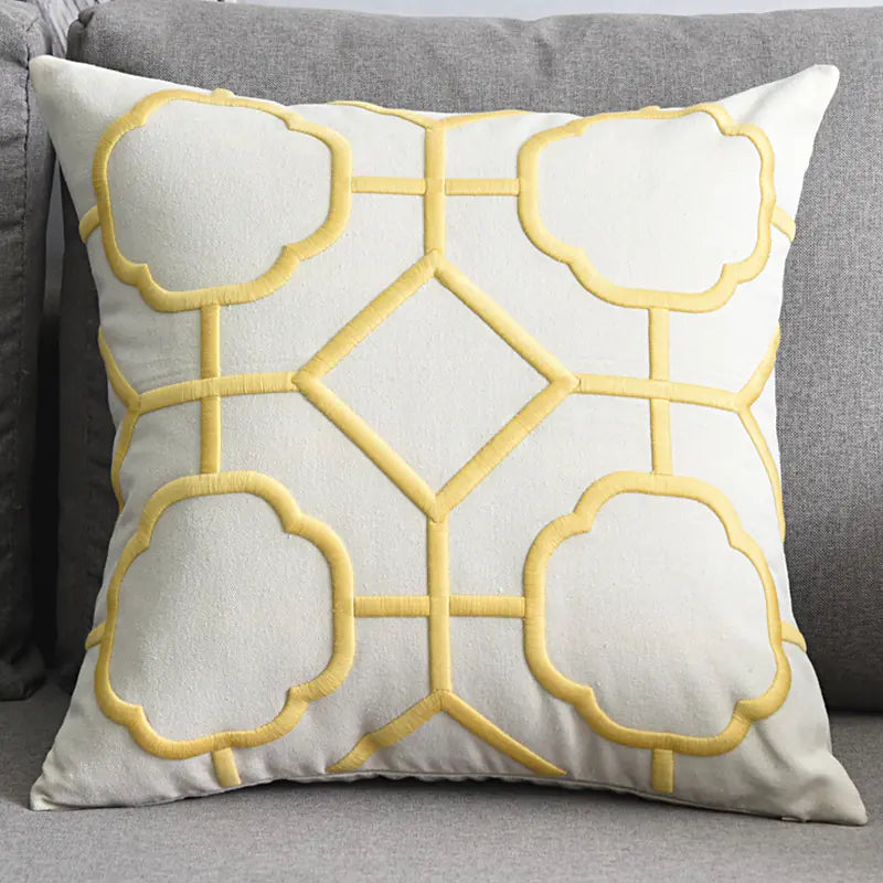 Embroidered Linen Cushion Cover with Geometric Design