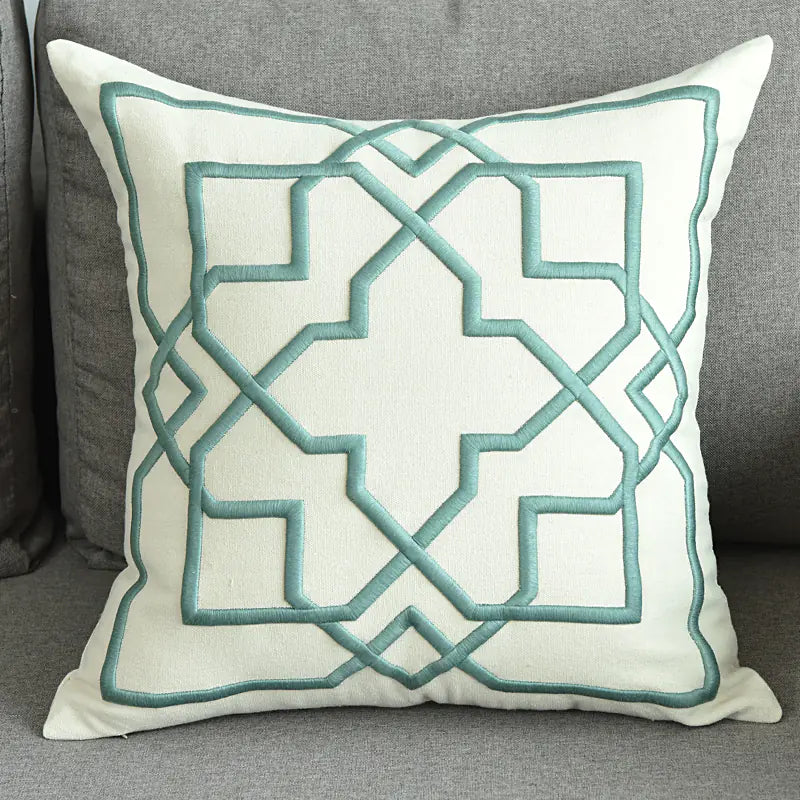 Embroidered Linen Cushion Cover with Geometric Design