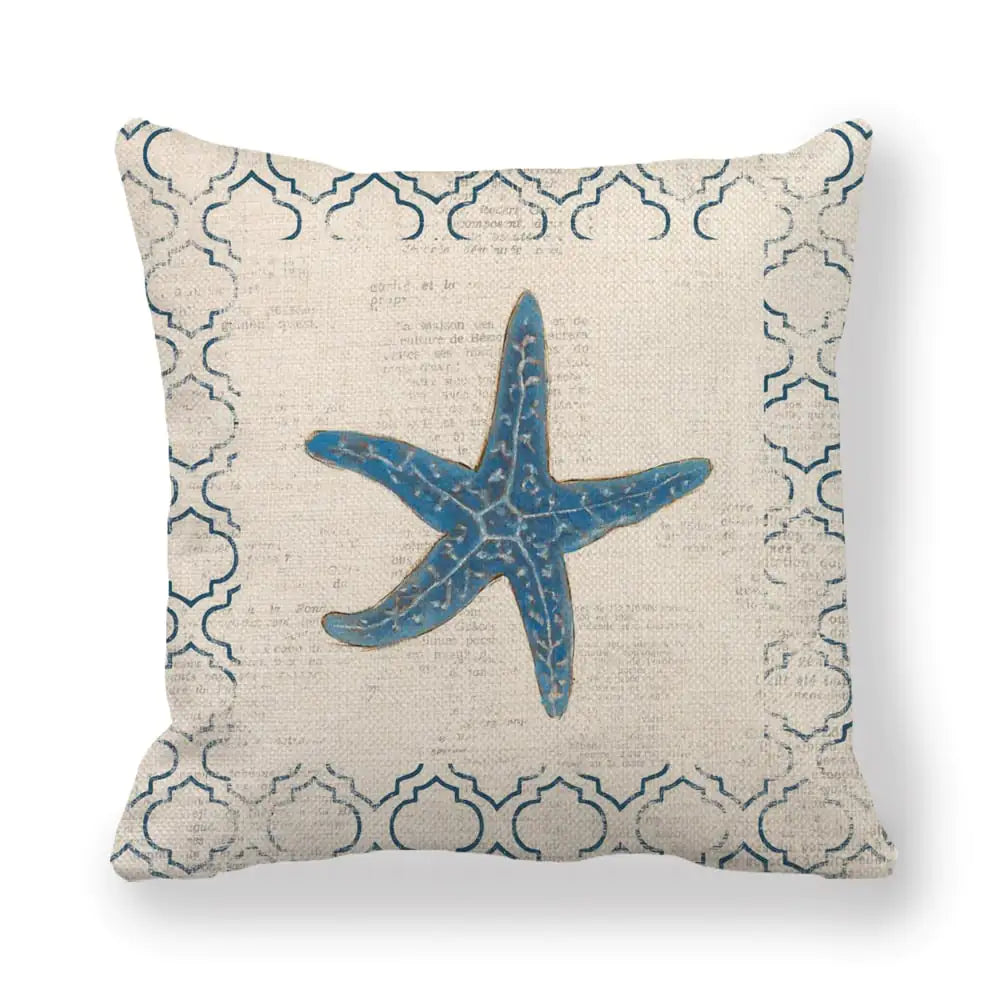 Blue Linen Pillowcase Sea Life Wind