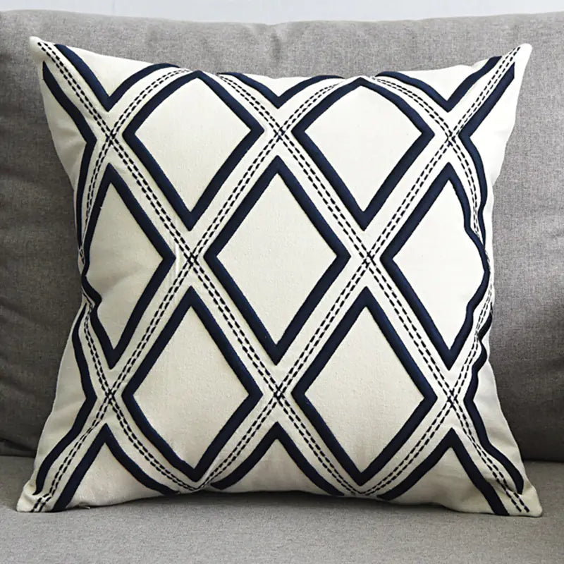 Embroidered Linen Cushion Cover with Geometric Design