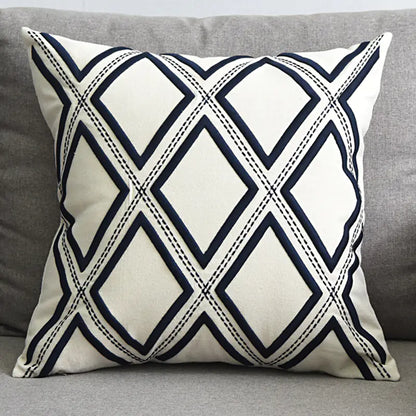 Embroidered Linen Cushion Cover with Geometric Design