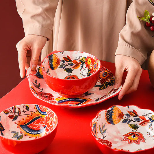 Set of Bowls and Plates of Painted Ceramic in Japanese Style
