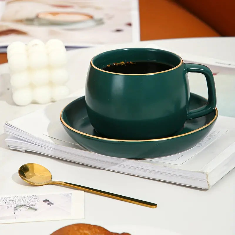 Tazas de Café de Cerámica con Borde Dorado y Bandeja