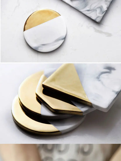 Marble Coaster Set with Geometric Gold Design