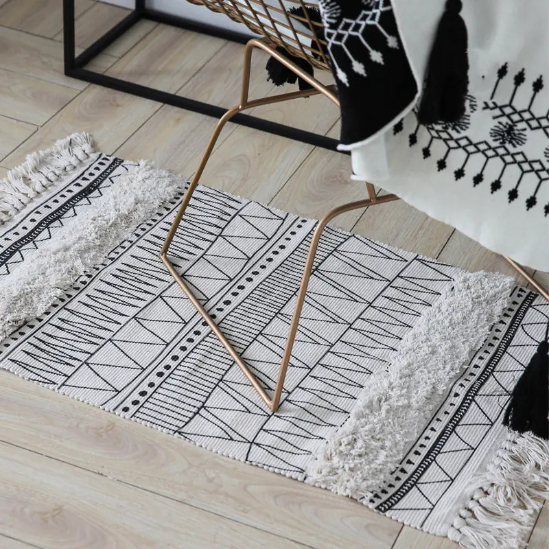 Moroccan Geometric Rug in Black and White with Fringe