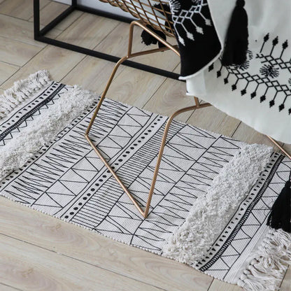 Moroccan Geometric Rug in Black and White with Fringe
