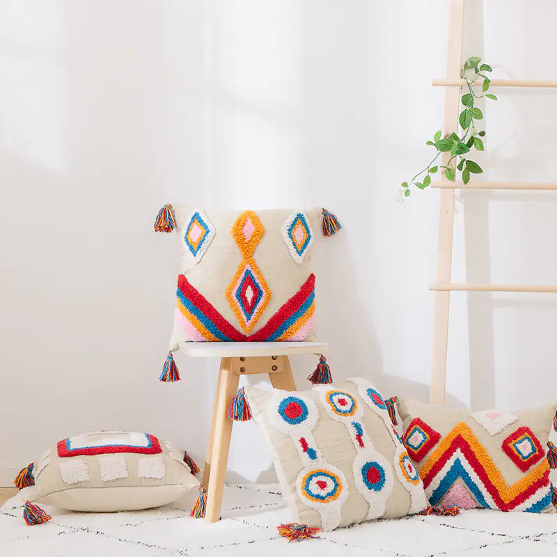 Geometric Cushion Cover with Tassels and Handmade from India