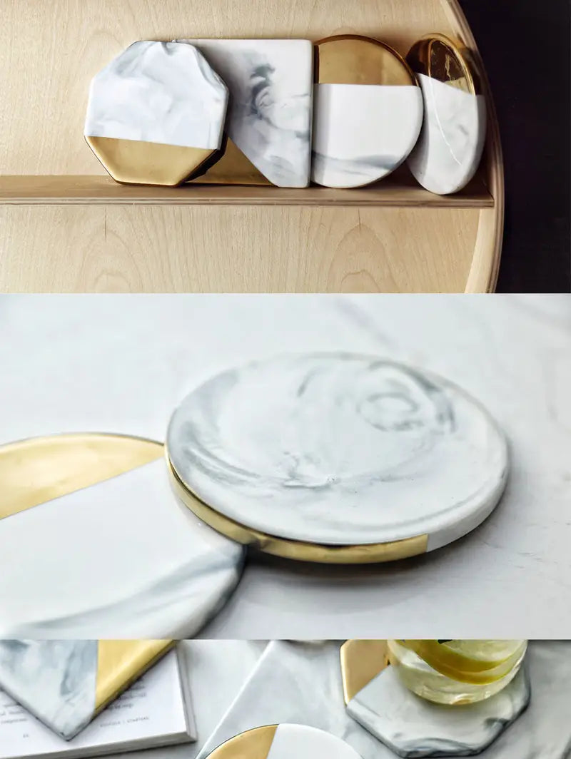 Marble Coaster Set with Geometric Gold Design