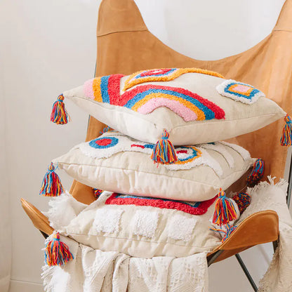 Geometric Cushion Cover with Tassels and Handmade from India