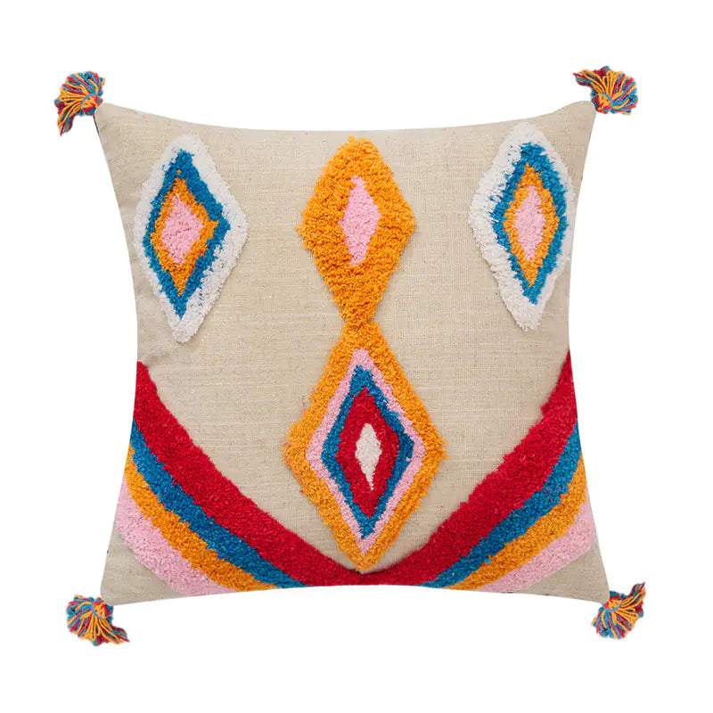 Geometric Cushion Cover with Tassels and Handmade from India