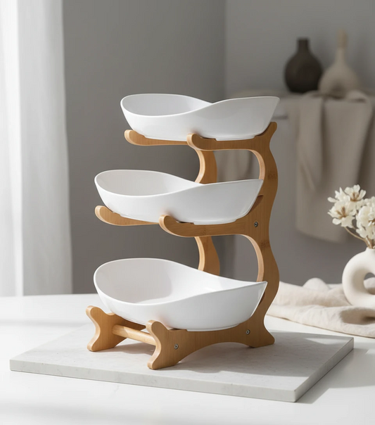 Three-Tier Bamboo and Ceramic Fruit Bowl