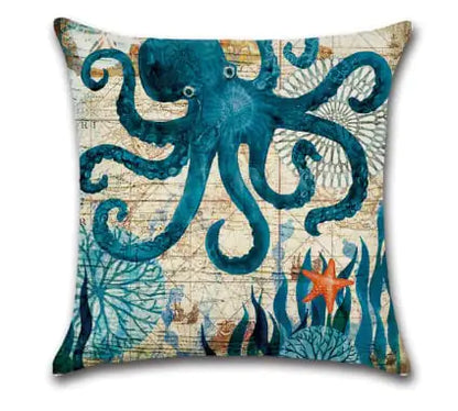Blue Linen Pillowcase Sea Life Wind