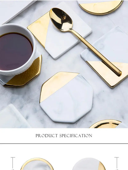 Marble Coaster Set with Geometric Gold Design