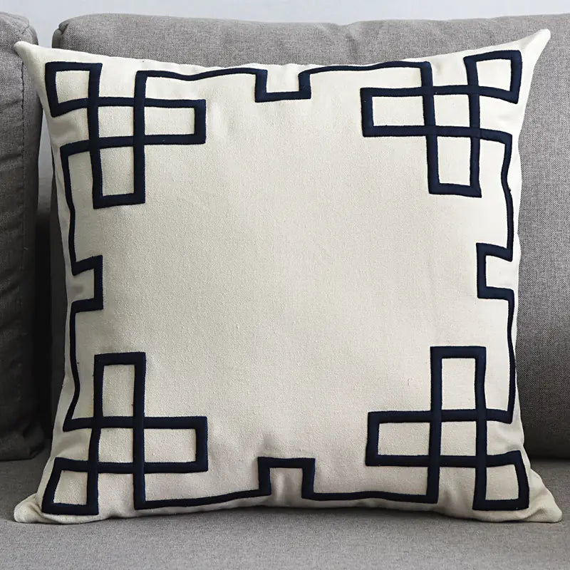 Embroidered Linen Cushion Cover with Geometric Design