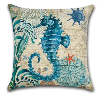 Blue Linen Pillowcase Sea Life Wind