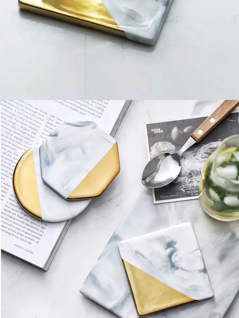 Marble Coaster Set with Geometric Gold Design
