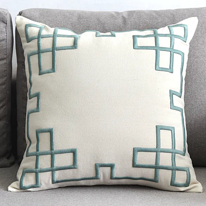 Embroidered Linen Cushion Cover with Geometric Design