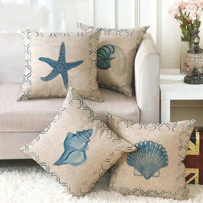 Blue Linen Pillowcase Sea Life Wind