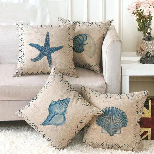 Blue Linen Pillowcase Sea Life Wind